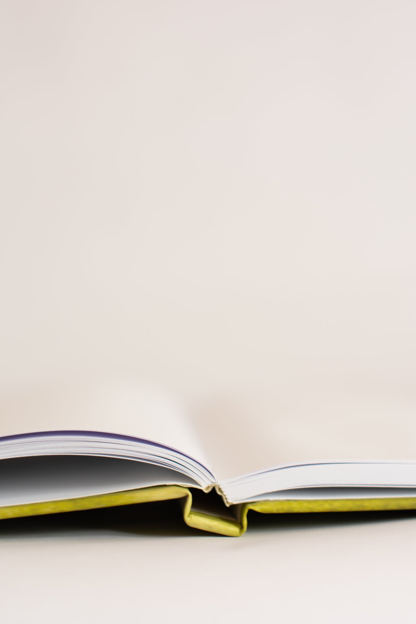 Open notebook with smyth-sewn binding on a light beige background