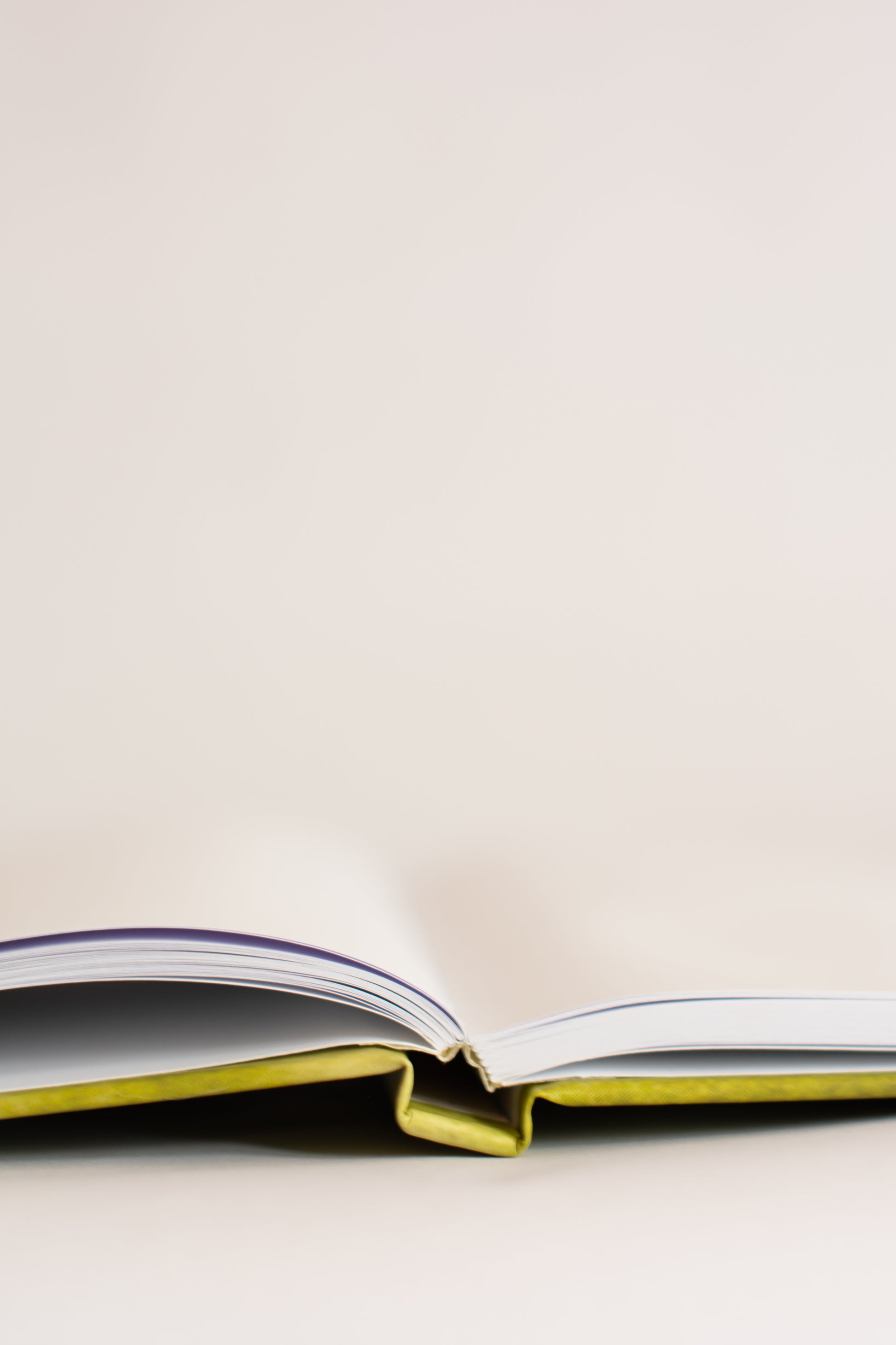 Open notebook with smyth-sewn binding on a light beige background