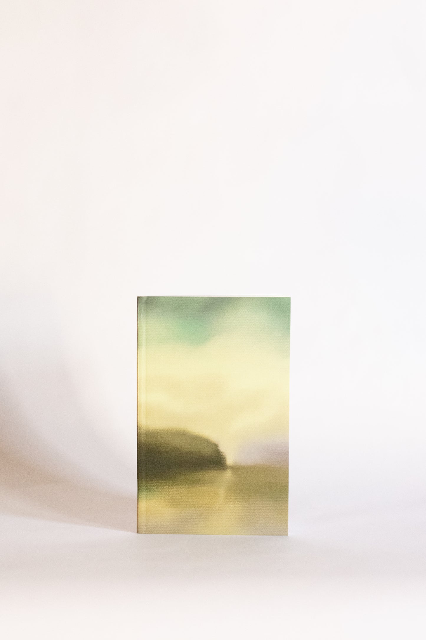 Abstract art print with a blurred landscape of a mountain and lake on a white background